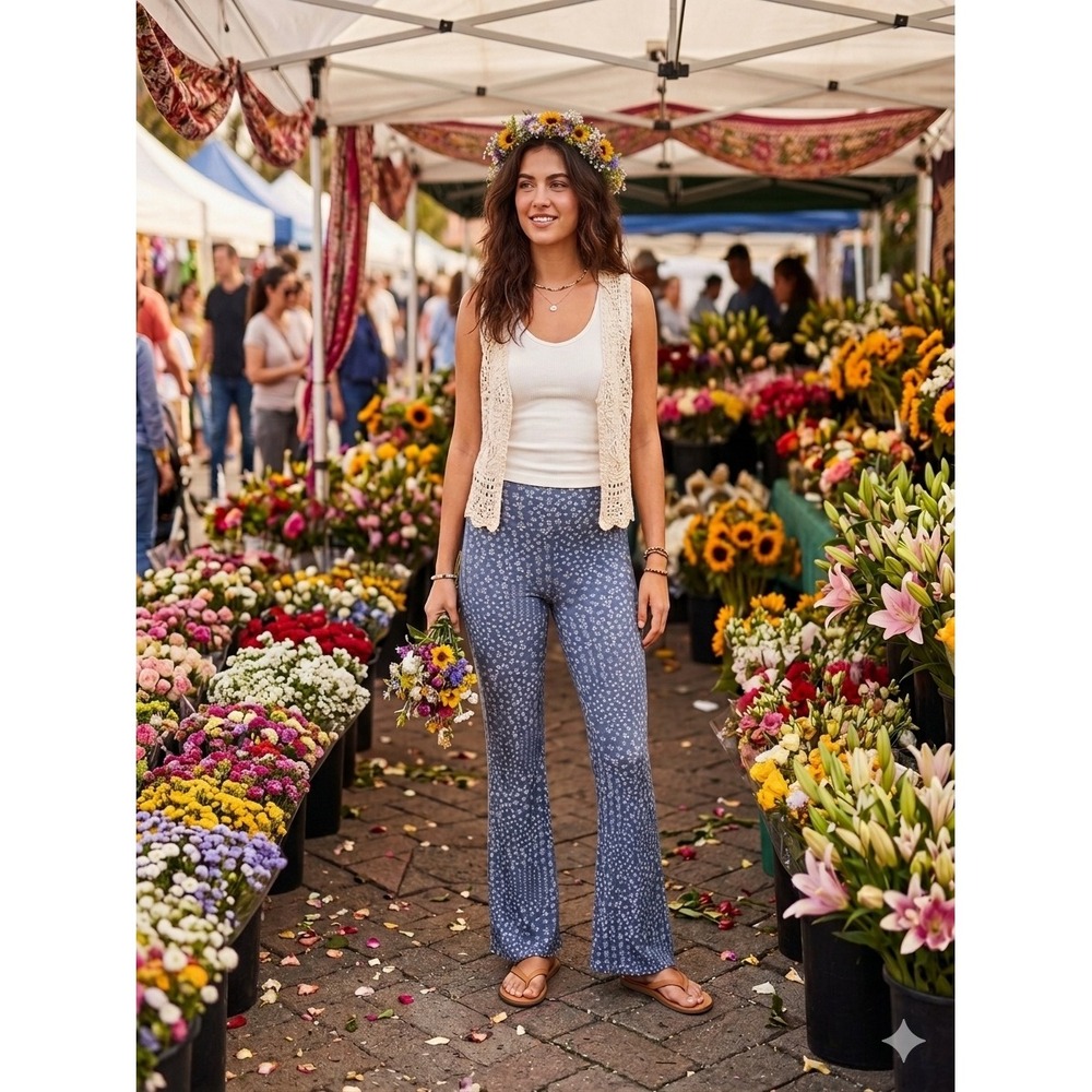 Women's Boho Blue Floral Geometric Lettuce Hem Flare Pull On Pants Size Large
